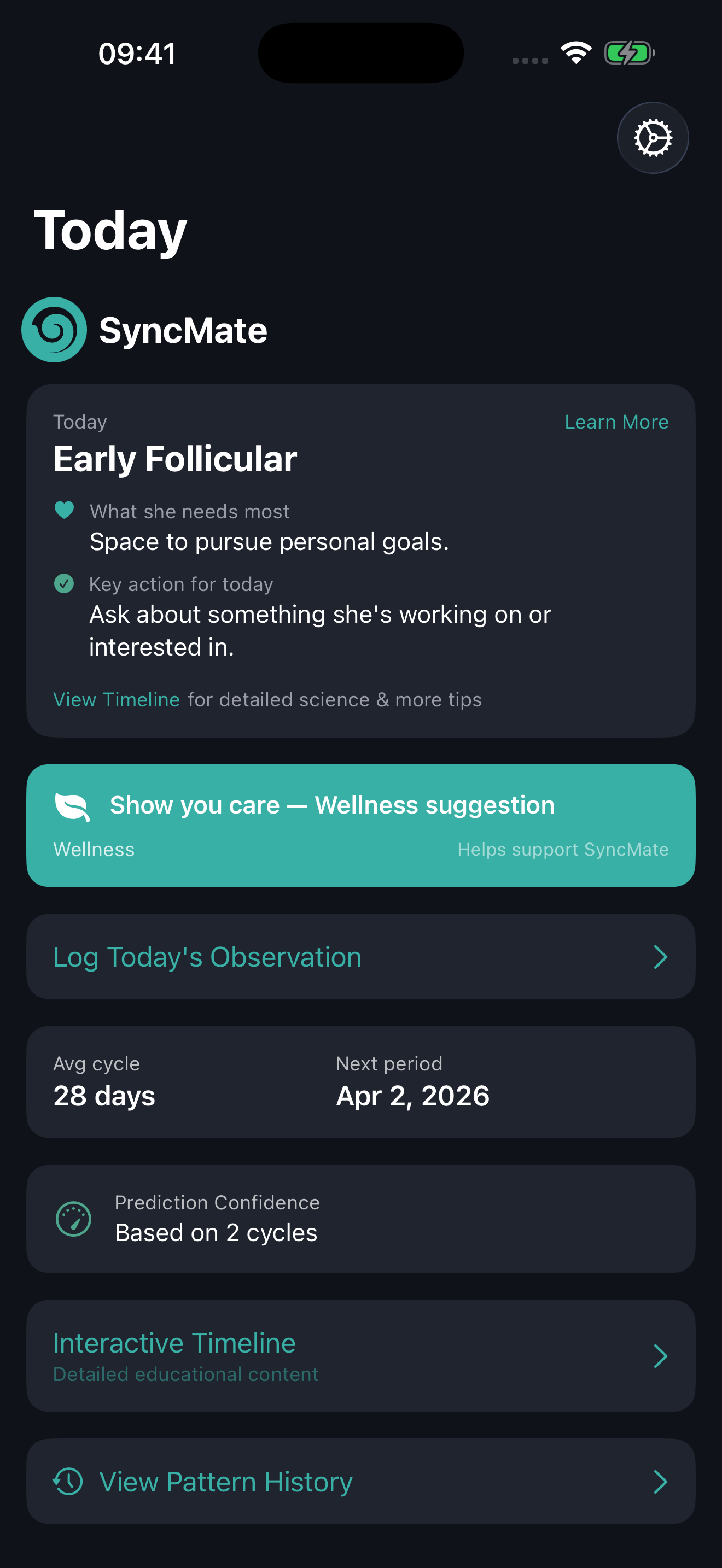 SyncMate home screen showing today's wellness guidance for the menstruation phase